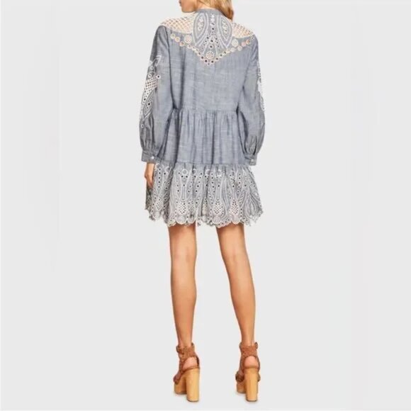 Veronica Beard Ariana Mini Dress Chambray Eyelet Embroidery Sz 14 - Picture 9 of 9